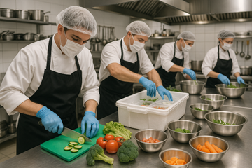 Cocina profesional con personal preparando alimentos y utilizando hieleras para garantizar la frescura.