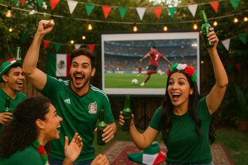 Grupo de amigos viendo un partido de fútbol con bebidas frías y decoraciones de la selección mexicana