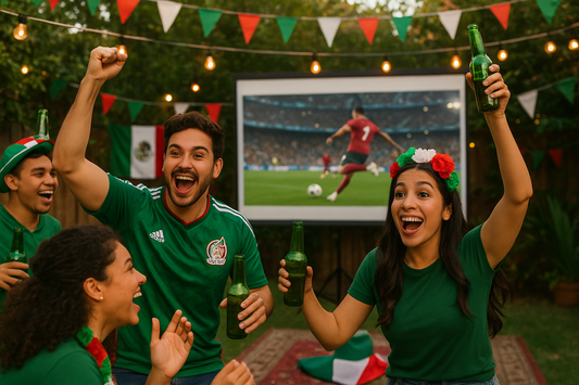 Grupo de amigos viendo un partido de fútbol con bebidas frías y decoraciones de la selección mexicana